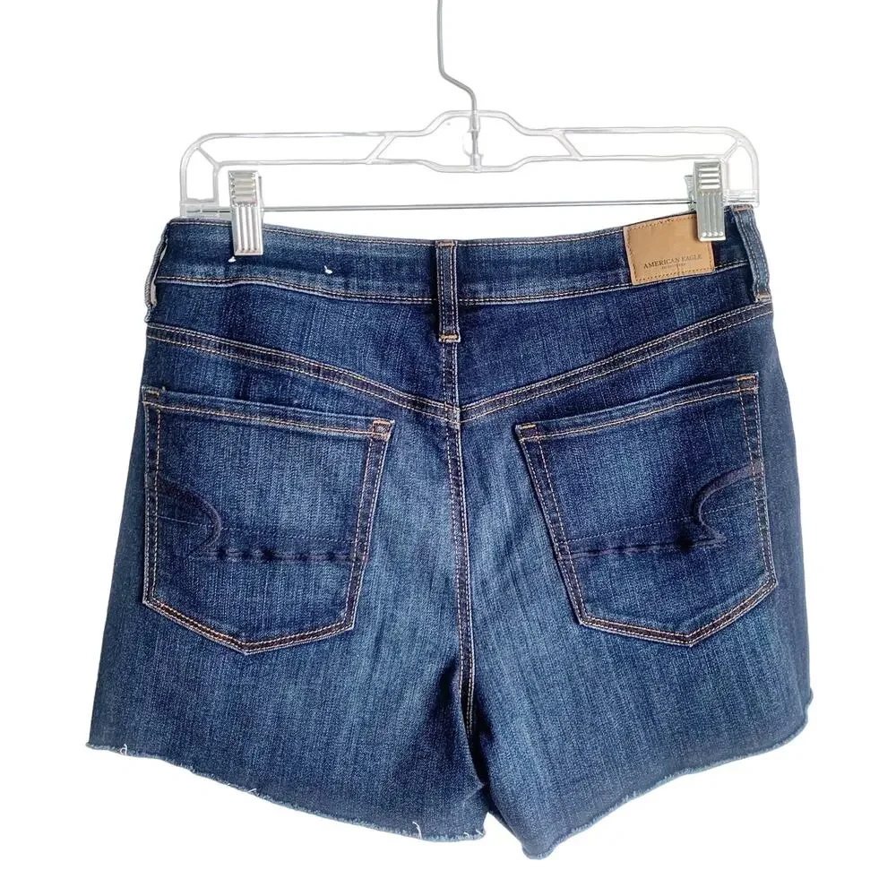 American Eagle AE Hi-Rise Shortie Jean Shorts Dark Wash Frayed Hem 8 - Picture 5 of 10